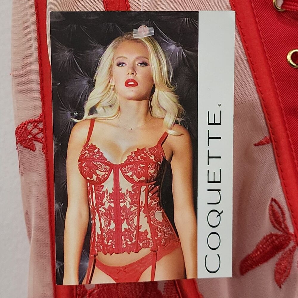 Coquette Red Sheer Nylon Lace Corset Sexy Masquerade Lace-up Floral Womens Sz L